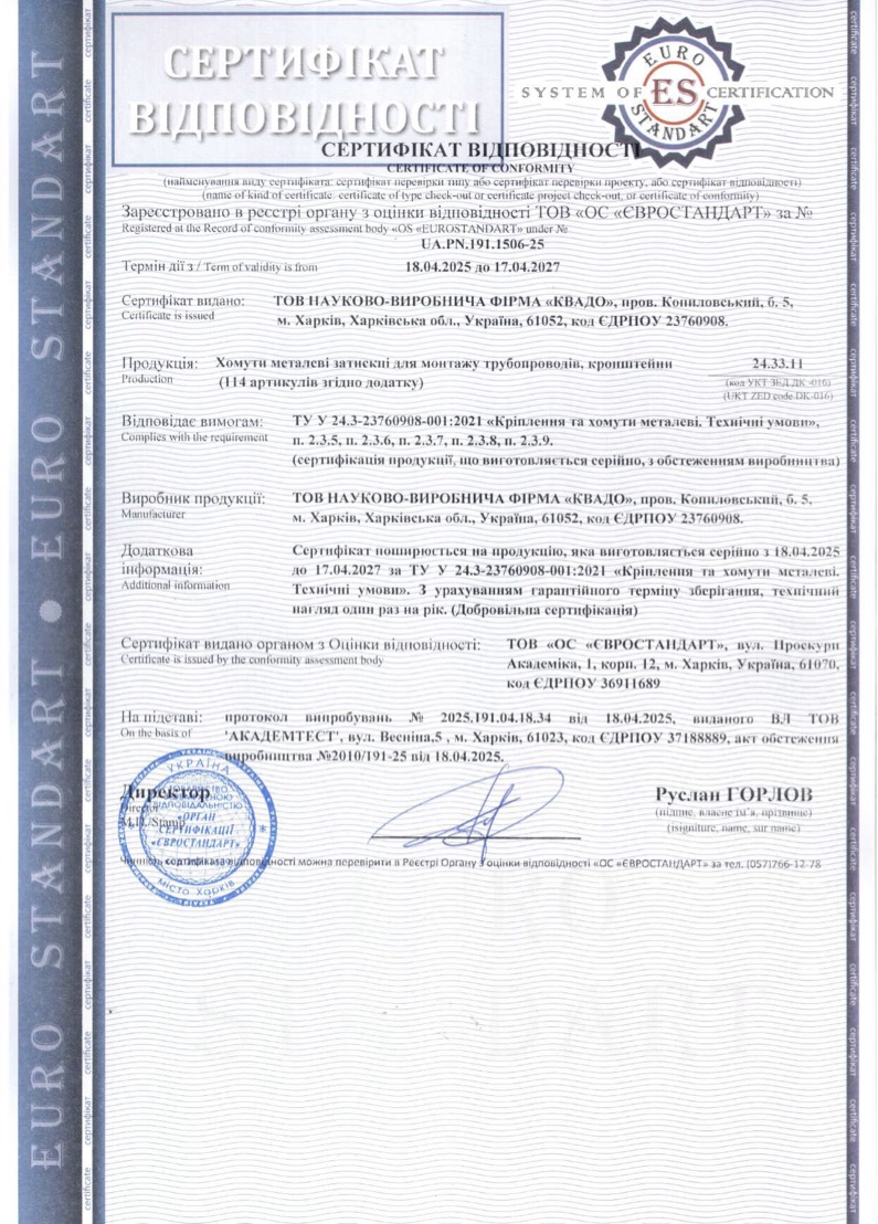 Сертифікат відповідності на хомути KVADO